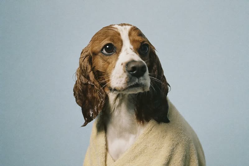 A damp dog wrapped in a towel after a bath