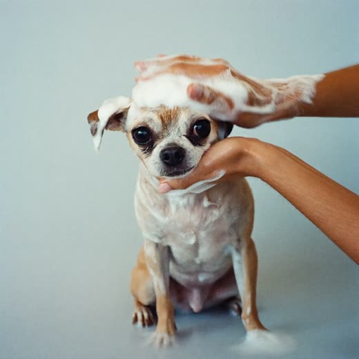 A dog being shampooed during a bath